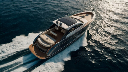 Luxurious motor boat sailing the sea at dawn Couple on yacht powering through sea,
