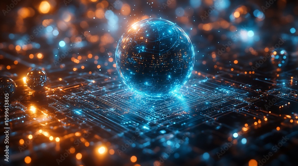 Aufkleber futuristic quantum computer with glowing metallic spheres and geometric patterns