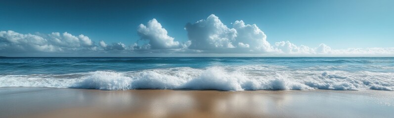 Obraz premium Wave coming in to the beach with a blue sky