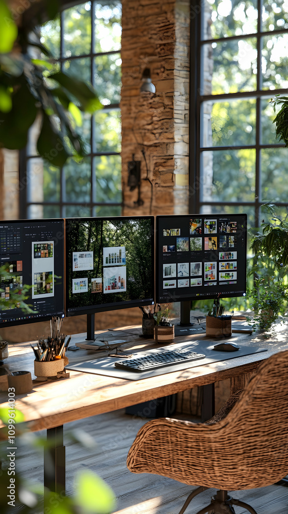 Poster modern workspace with multiple computer monitors, wooden desk, and plants. sunlight streams through 