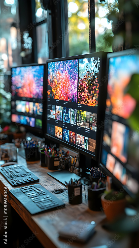 Poster multiple computer monitors displaying colorful images, arranged on a wooden desk in a home office, f