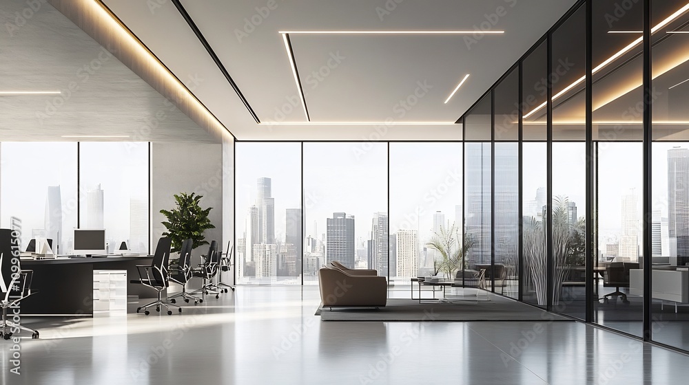 Poster efficient corporate workspace with minimalist design and innovative strategies