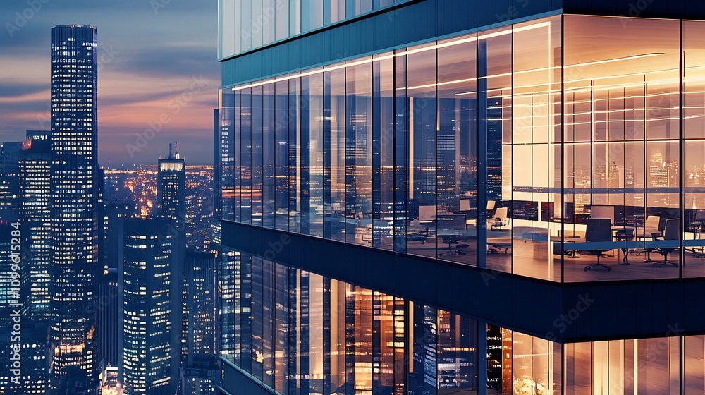 Poster sleek and sophisticated corporate office with efficient workflows and collaborative workspaces in