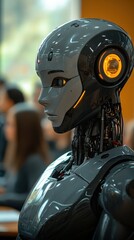 Fototapeta premium Ai robot lecturer in modern classroom with blurred students