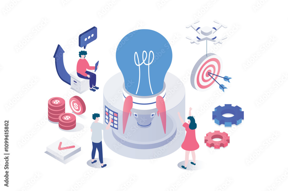 Leinwandbilder startup 3d isometric concept in geometry graphic design for web. people brainstorming, generating bu