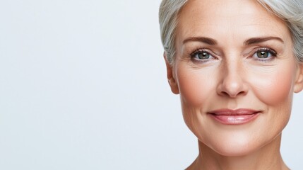 Fototapeta premium A radiant close-up portrait of a silver-haired woman in her 50s, highlighting her glowing skin, elegant features, and calm demeanor against a soft light background, with copy space.