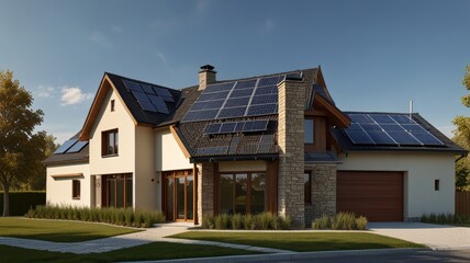 A modern eco-friendly home with solar panels, stone details, and large windows surrounded by greenery, promoting sustainability and natural light