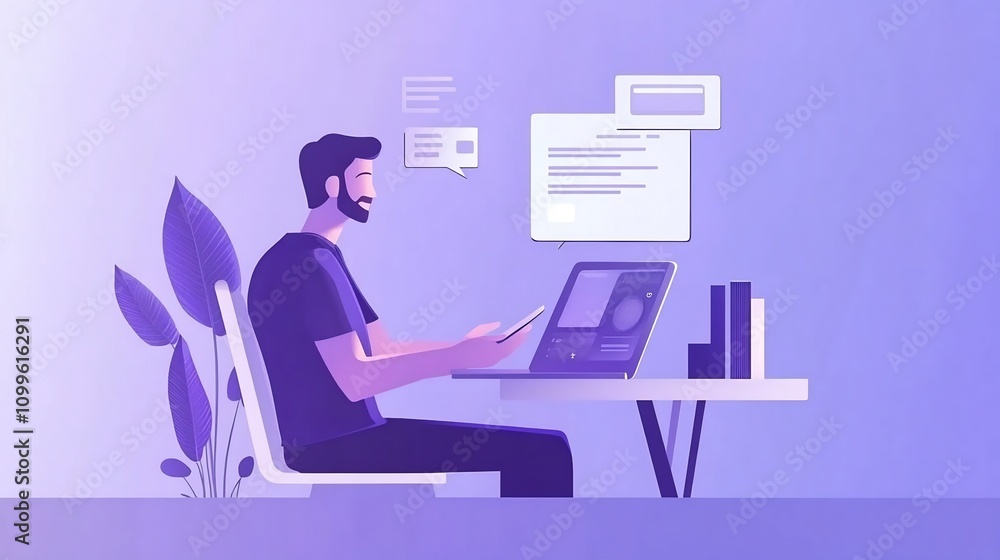 Aufkleber man chatting with futuristic assistant on laptop for answers and knowledge