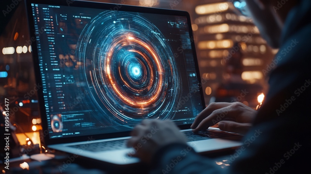 Poster futuristic ai powered image process on laptop screen interface