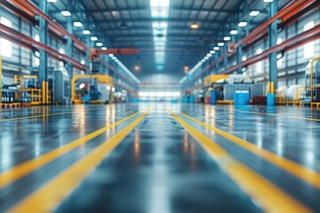 Fototapeta premium Blurred background of a large warehouse with equipment. Business background