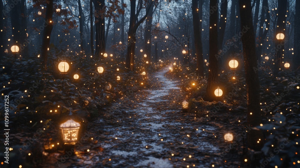 Poster enchanting forest path illuminated by glowing lanterns