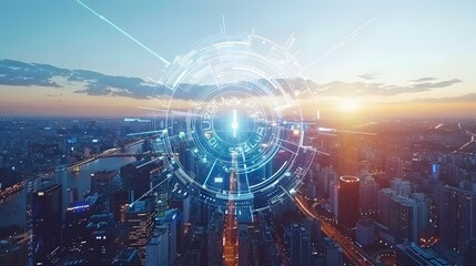 Futuristic city skyline at sunset with digital interface overlay.