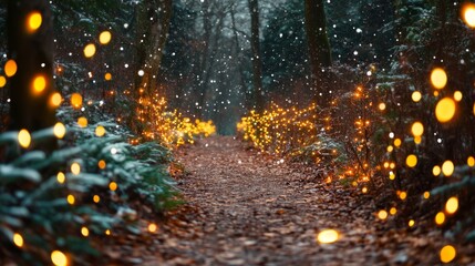 Naklejka premium A Snowy Forest Path Illuminated By Festive Lights