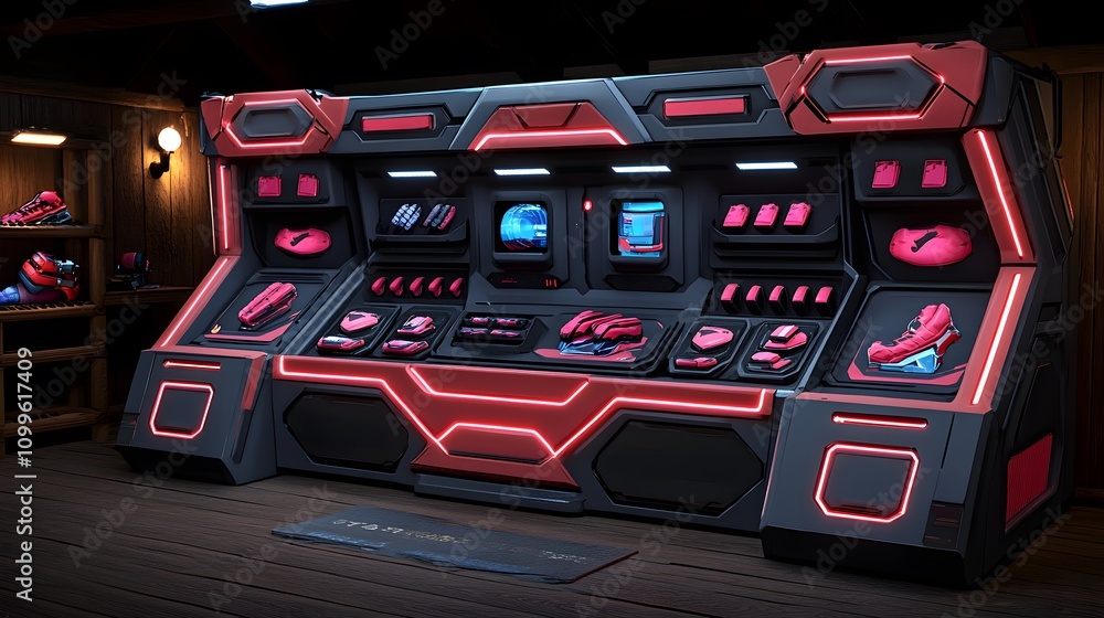 Poster futuristic control panel in a rustic setting.