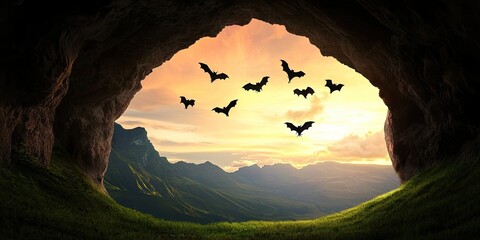 A stunning sunset view from a cave entrance, with bats flying against a colorful sky and silhouetted mountains in the background.