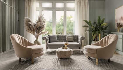 Fototapeta premium Boucle lounge chairs and sofa in classic room. Minimalist interior design of modern living room.