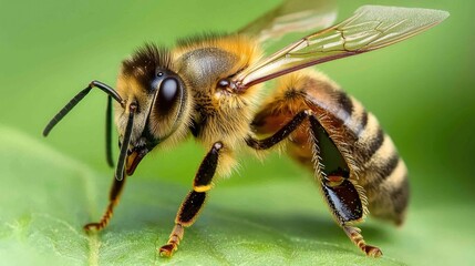 A close-up of a bee perched on a green leaf, showcasing its detailed features and vibrant colors.