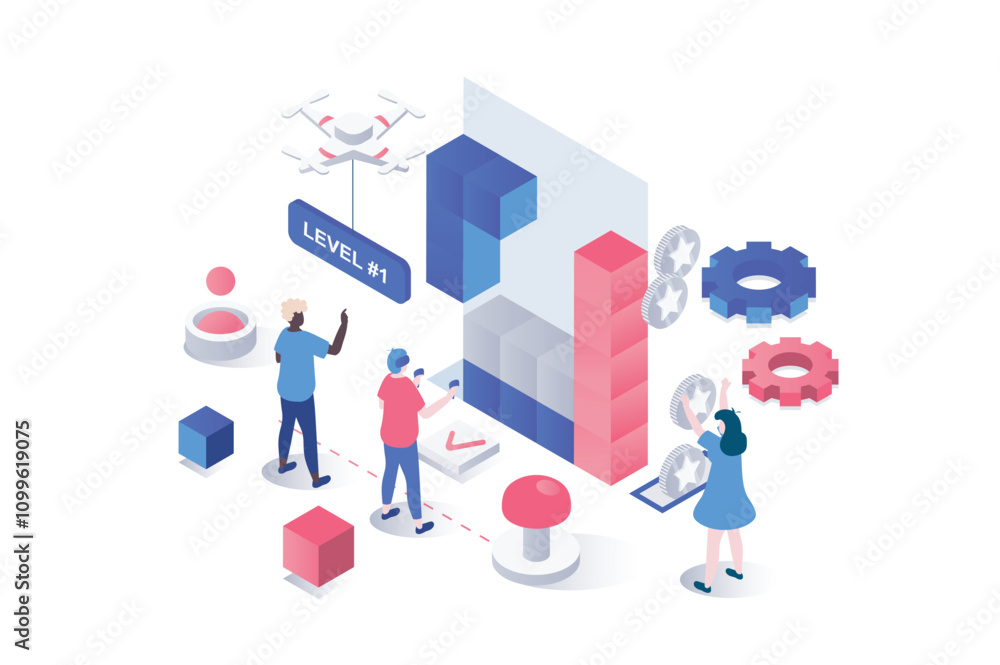 Poster virtual reality 3d isometric concept in geometry graphic design for web. people using vr headsets an