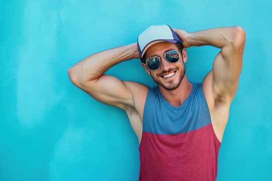 A man with a blue shirt and red and white striped tank top is smiling