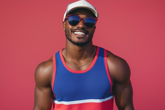 A man with a red and blue tank top and sunglasses is smiling - Powered by Adobe