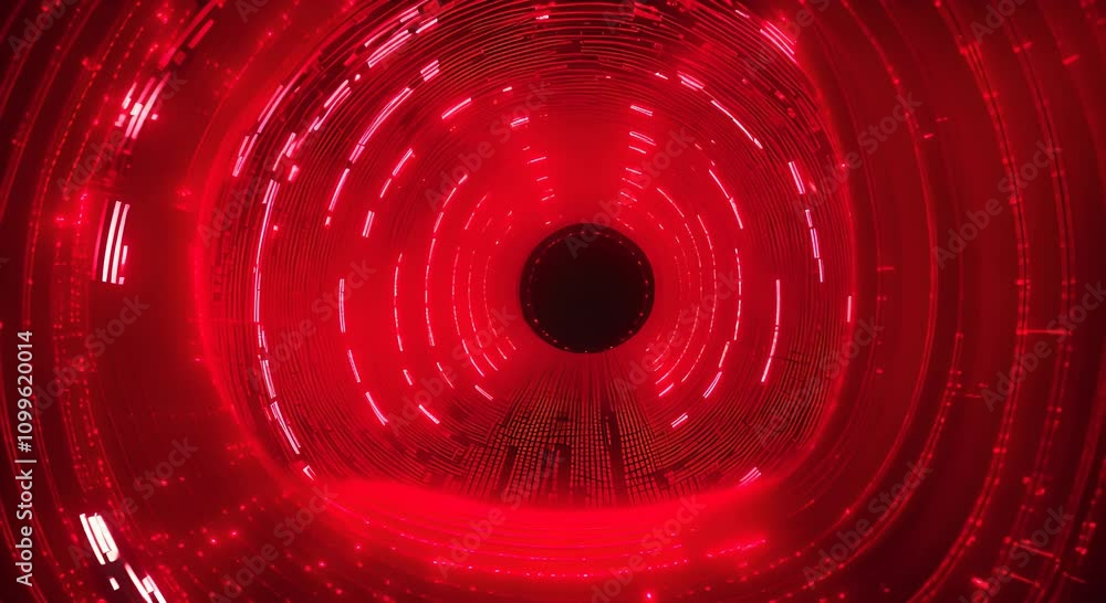 Poster a striking digital tunnel of cascading red binary code converges at a bright center against a black 