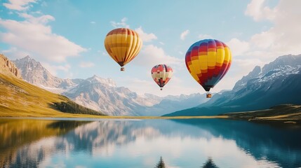 Naklejka premium Whimsical Hot Air Balloons Floating Gracefully Over Scenic Mountains and Serene Lakes. A Dreamy and Enchanting Landscape of Adventure and Tranquility.