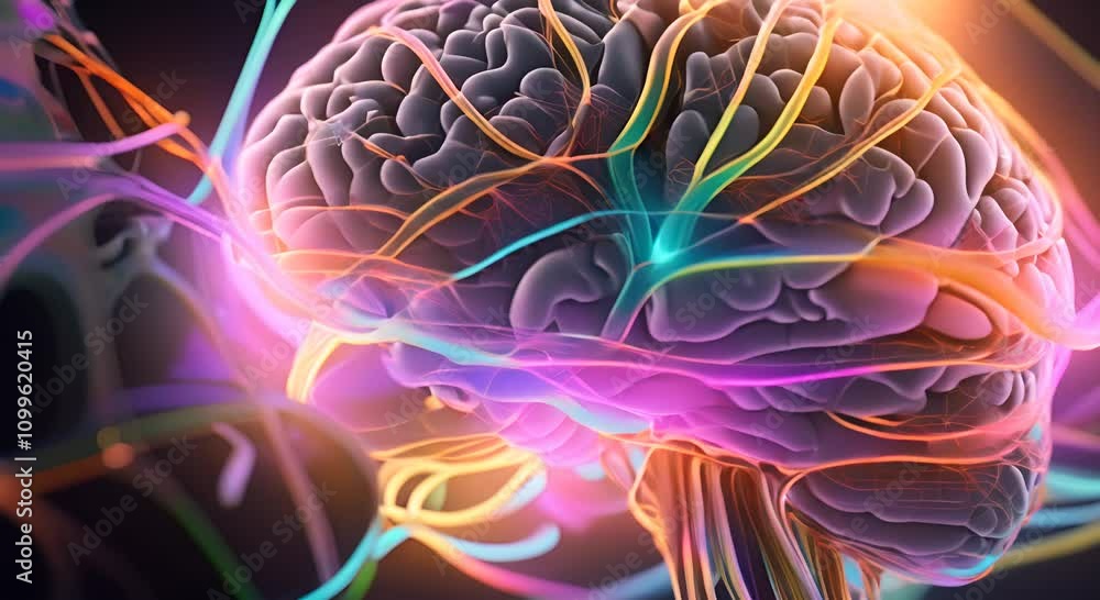 Poster digital brain is connecting with colorful lines representing neural networks and brain activity symb