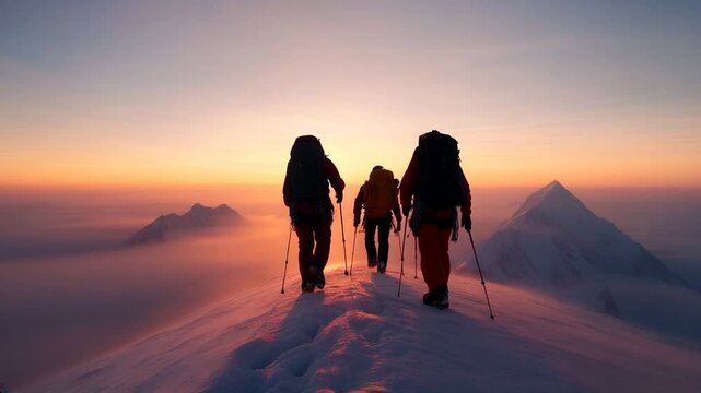 Three mountaineers trekking on a snowy ridge at sunrise, silhouetted against a vibrant sky, surrounded by stunning alpine peaks