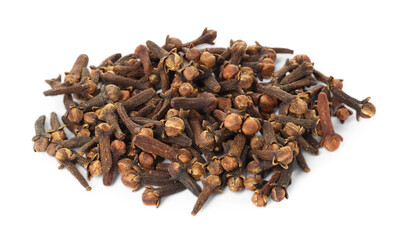 Obraz premium Pile of dry clove buds on white background. Aromatic spice