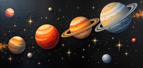Naklejka premium Colorful planets, stars float in dark space. Oil painting texture adds depth. Abstract design, evoking cosmos. Intricate pattern. Possible wallpaper tech illustration. Dynamic representation of