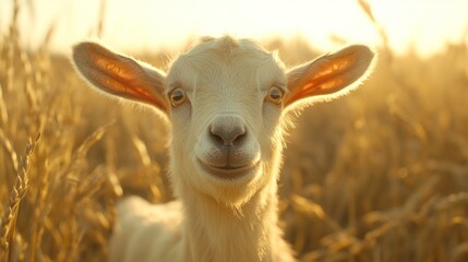 Obraz premium Adorable Young Goat in Golden Wheat Field