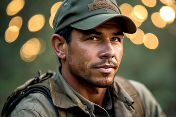 Portrait of a male ranger with light stubble in uniform