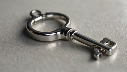 Single house key on white background. Symbol for real estate or security concept. Copy space.