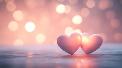 A romantic scene with soft, glowing heart-shaped lights and a subtle pink and white gradient background, with a large open space for showcasing a product.