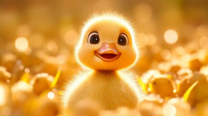 Adorable Yellow Duckling Among Others In Golden Light