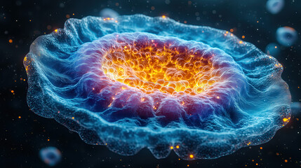 Human cell showing nucleus, cytoplasm and organelles such as mitochondria, ribosomes and lysosomes. Fluorescent cell membrane indicates DNA replication and RNA-protein synthesis.