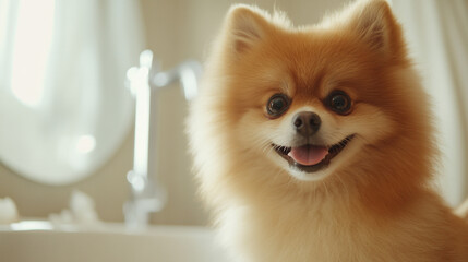 Happy pomeranian dog enjoying bath time in a bright, cozy bathroom setting