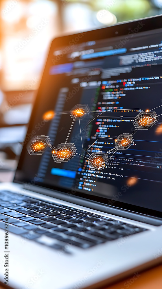 Poster blockchain database analysis on laptop screen office environment digital content technology data vis