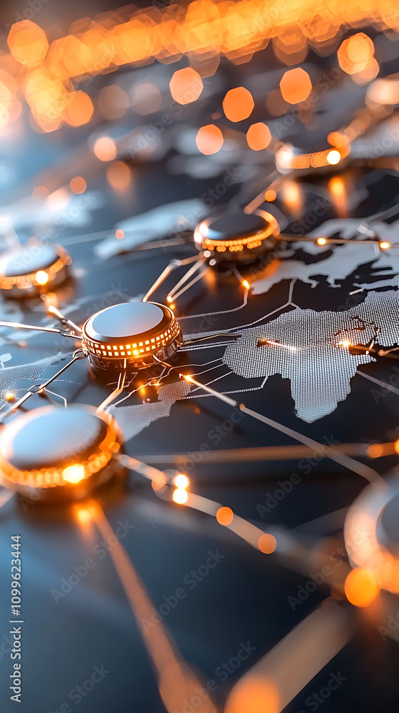 Poster global blockchain icons overlaid on trade map digital business environment modern technology perspec