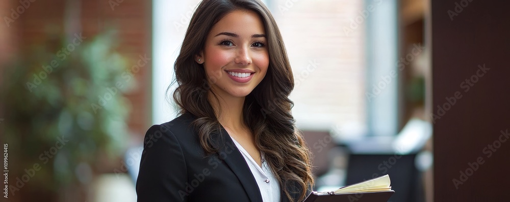 Poster Businesswoman smiling with notebook and pen in modern office environment professional lifestyle concept for success