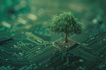 Tree growing atop a circuit board blending nature and technology