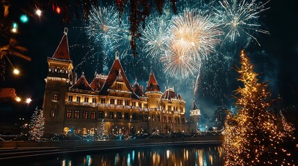 Grand Castle Illuminated by Fireworks and Festive Lights