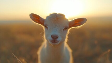 Fototapeta premium Adorable Baby Goat at Sunset Golden Light