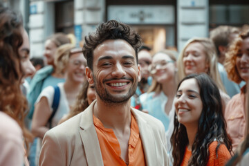 Obraz premium Smiling man in a crowd expressing joy and togetherness outdoors