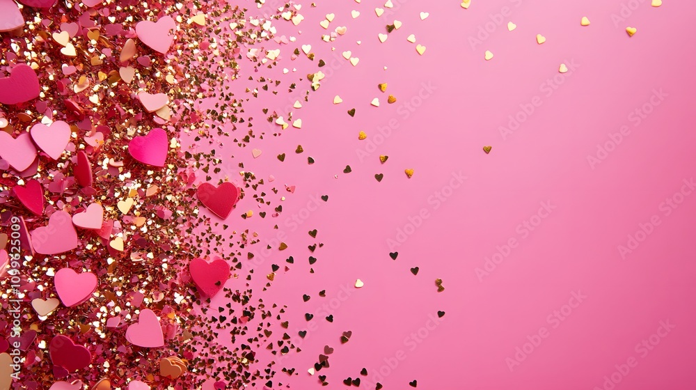 Poster a sparkling background of tiny heart-shaped confetti in pink and gold with an empty section in the m