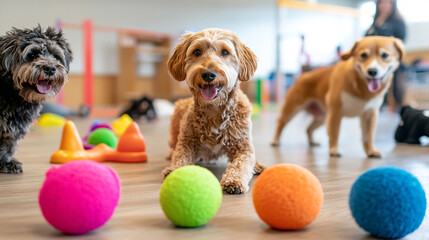 Dogs playing with colorful balls in a bright indoor training facility
