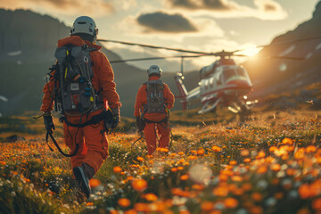 Two paramedics in safety harnesses approaching helicopter in scenic landscape