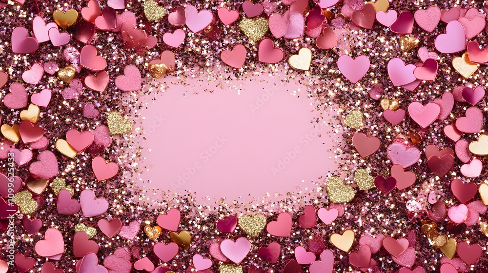 Poster a sparkling background of tiny heart-shaped confetti in pink and gold with an empty section in the m