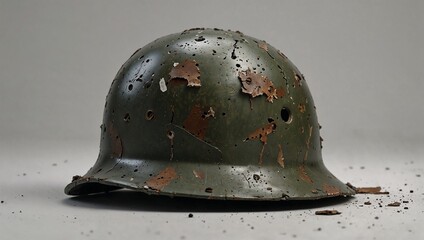 A cracked and weathered soldier's helmet on white background. Representing the fragility of war. War and conflict concept. Copy space.