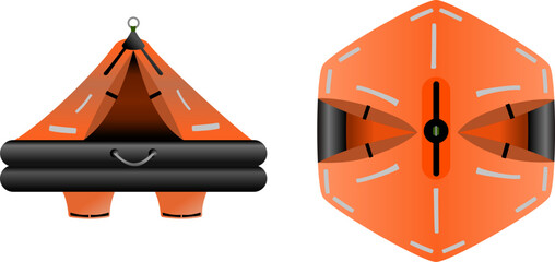 Inflatable Life Raft. Emergency self inflating life raft. Side and top profile of a life boat found on a ship or sailing yacht. Isolated vector illustration.